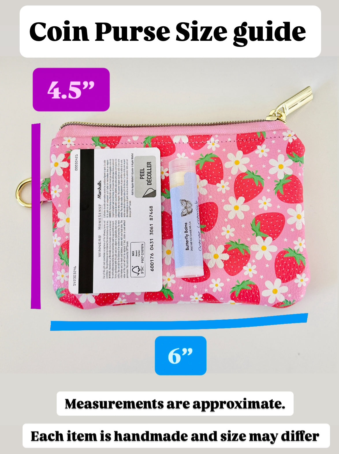 Coin purse with strawberry pattern and measurements indicated