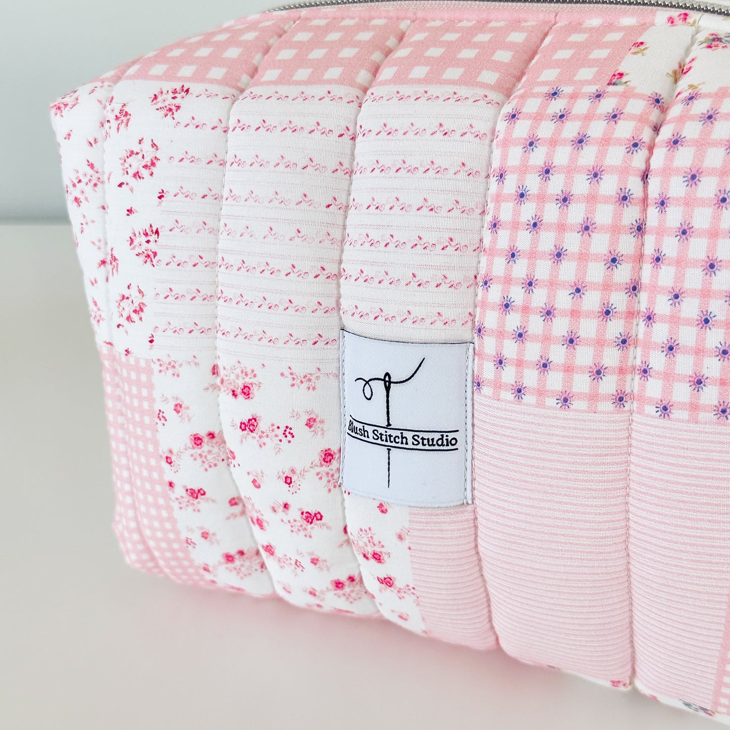 pink patchwork quilted makeup bag. made in canada