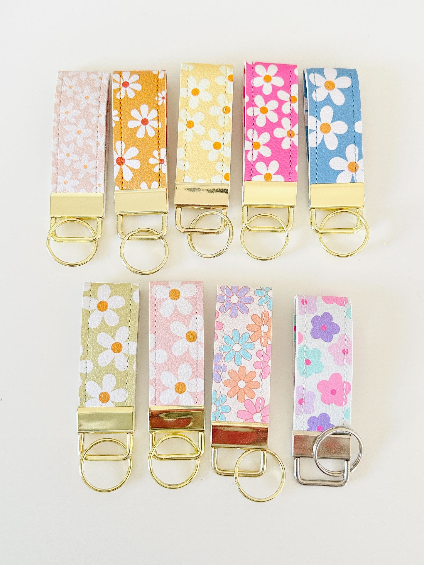 daisy floral pattern keychains made from vegan leather 
