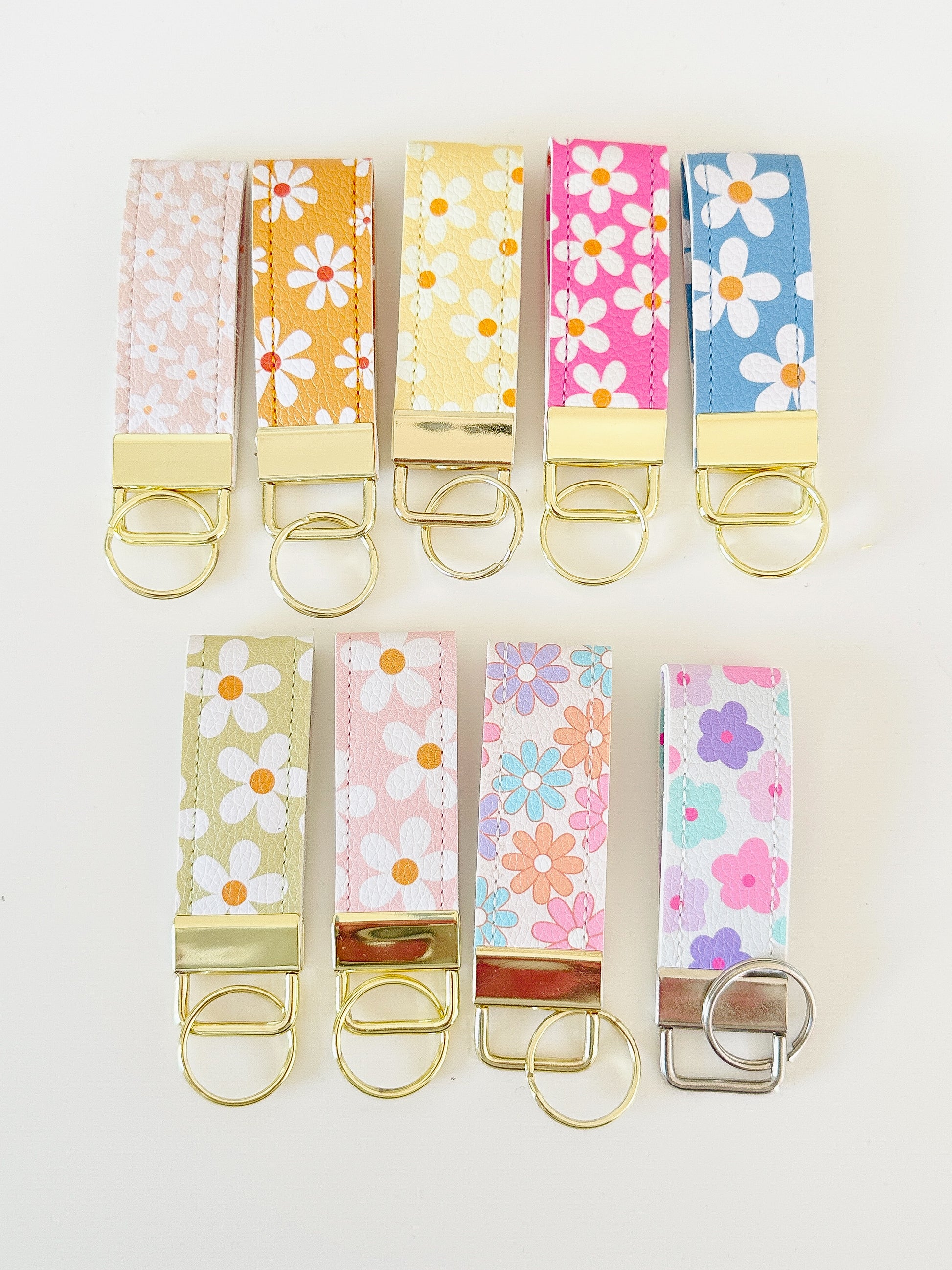 daisy floral pattern keychains made from vegan leather 