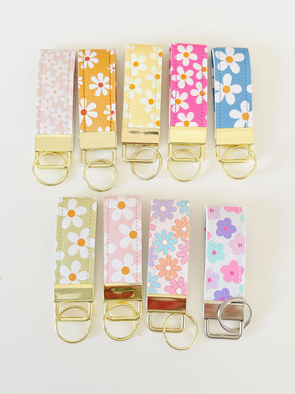 daisy floral pattern keychains made from vegan leather 