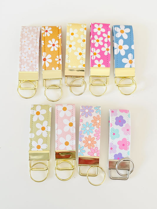 daisy floral pattern keychains made from vegan leather 