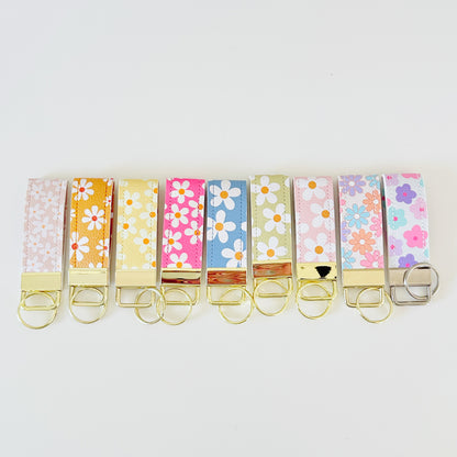 daisy floral pattern keychains made from vegan leather 
