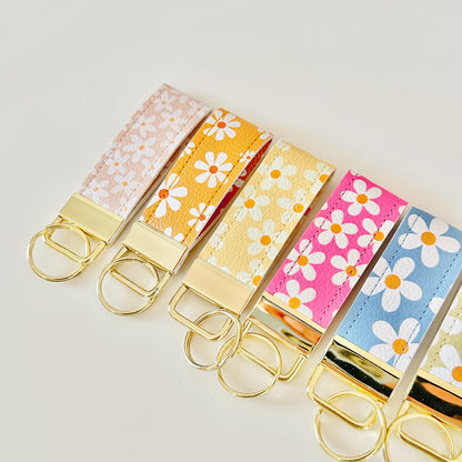 daisy floral pattern keychains made from vegan leather 