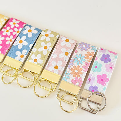 daisy floral pattern keychains made from vegan leather 