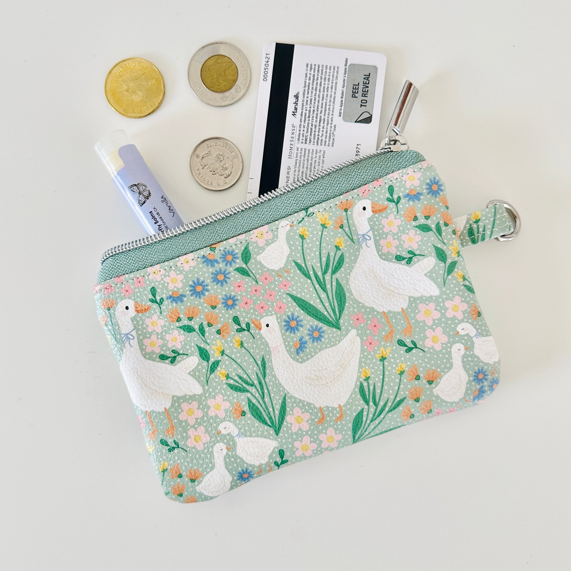 floral goose print coin purse made from  vegan leather