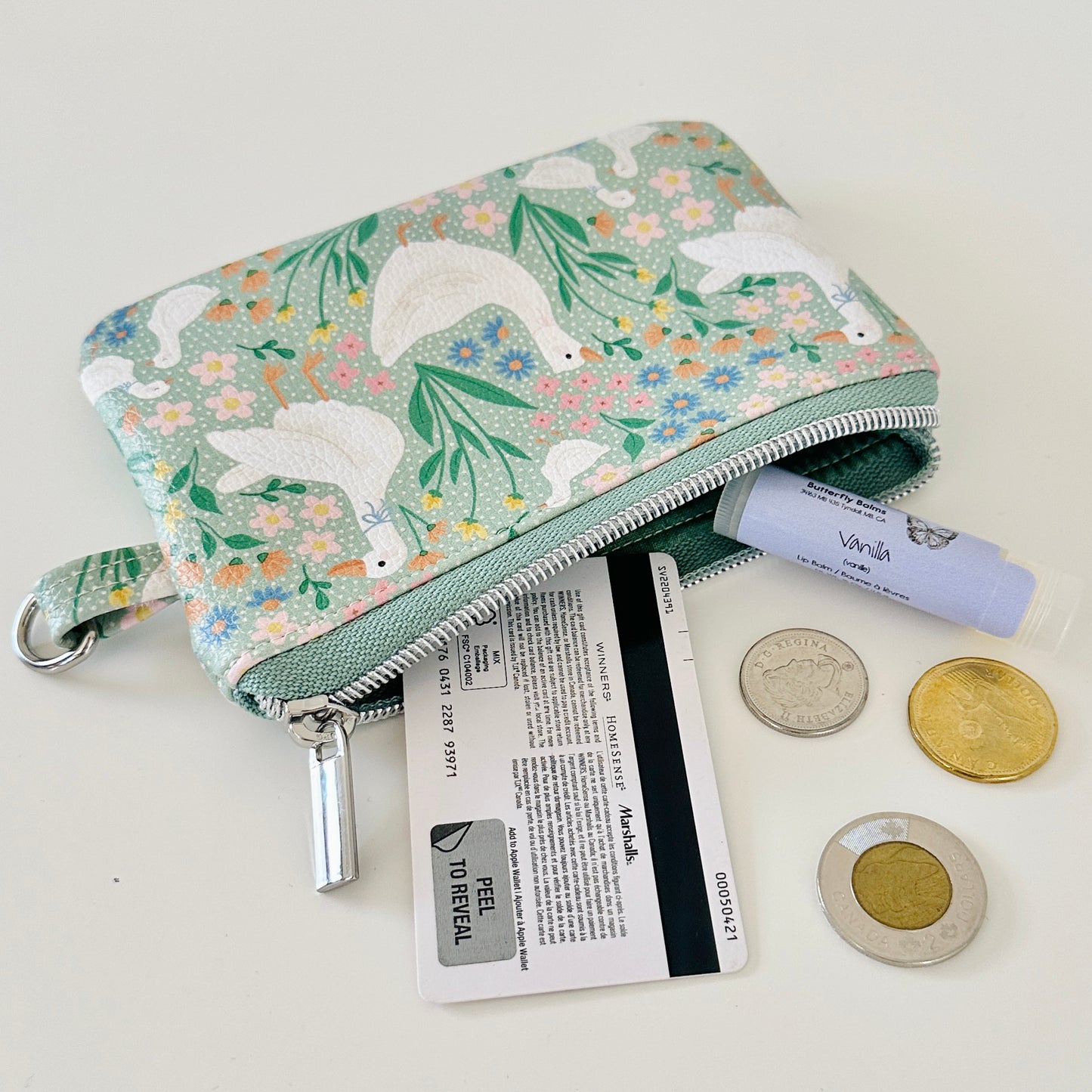 floral goose print coin purse made from  vegan leather