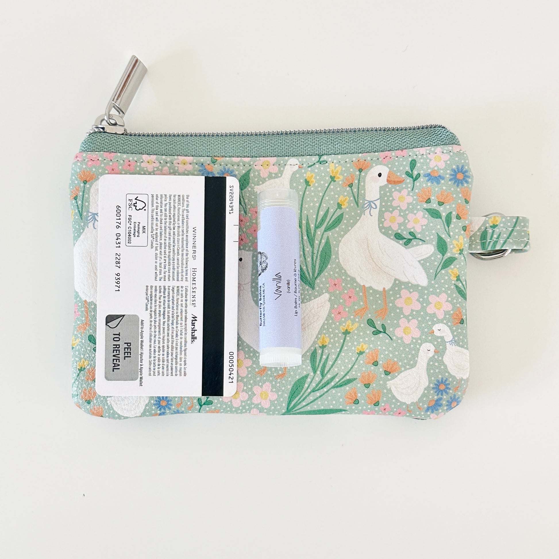 floral goose print coin purse made from  vegan leather