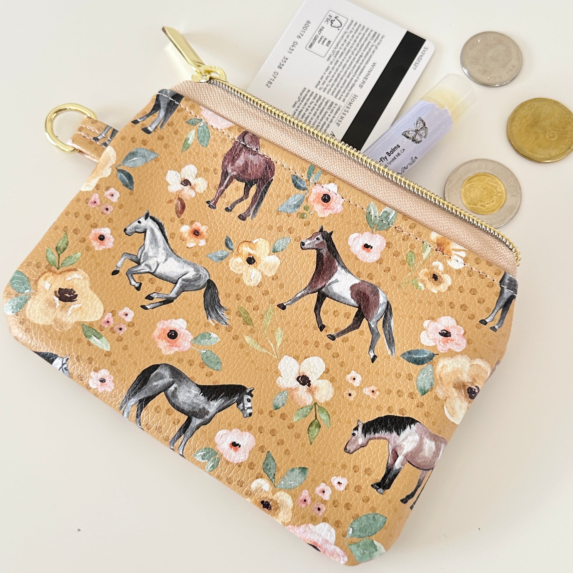 floral horse print coin purse made from  vegan leather