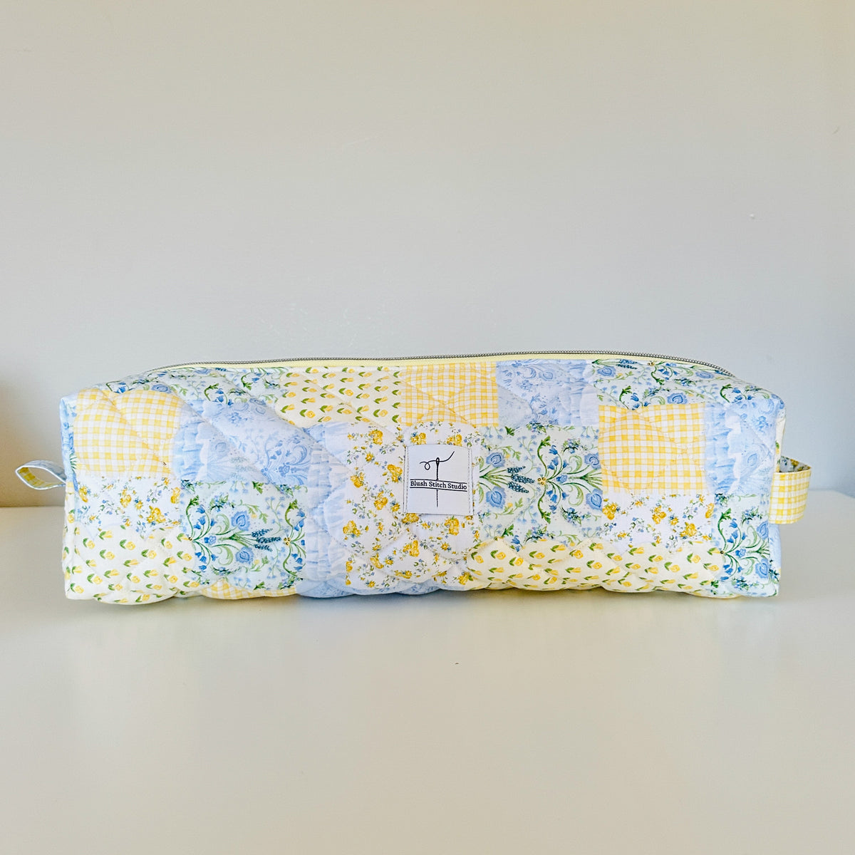 yellow patchwork quilted hair tool bag. made in canada