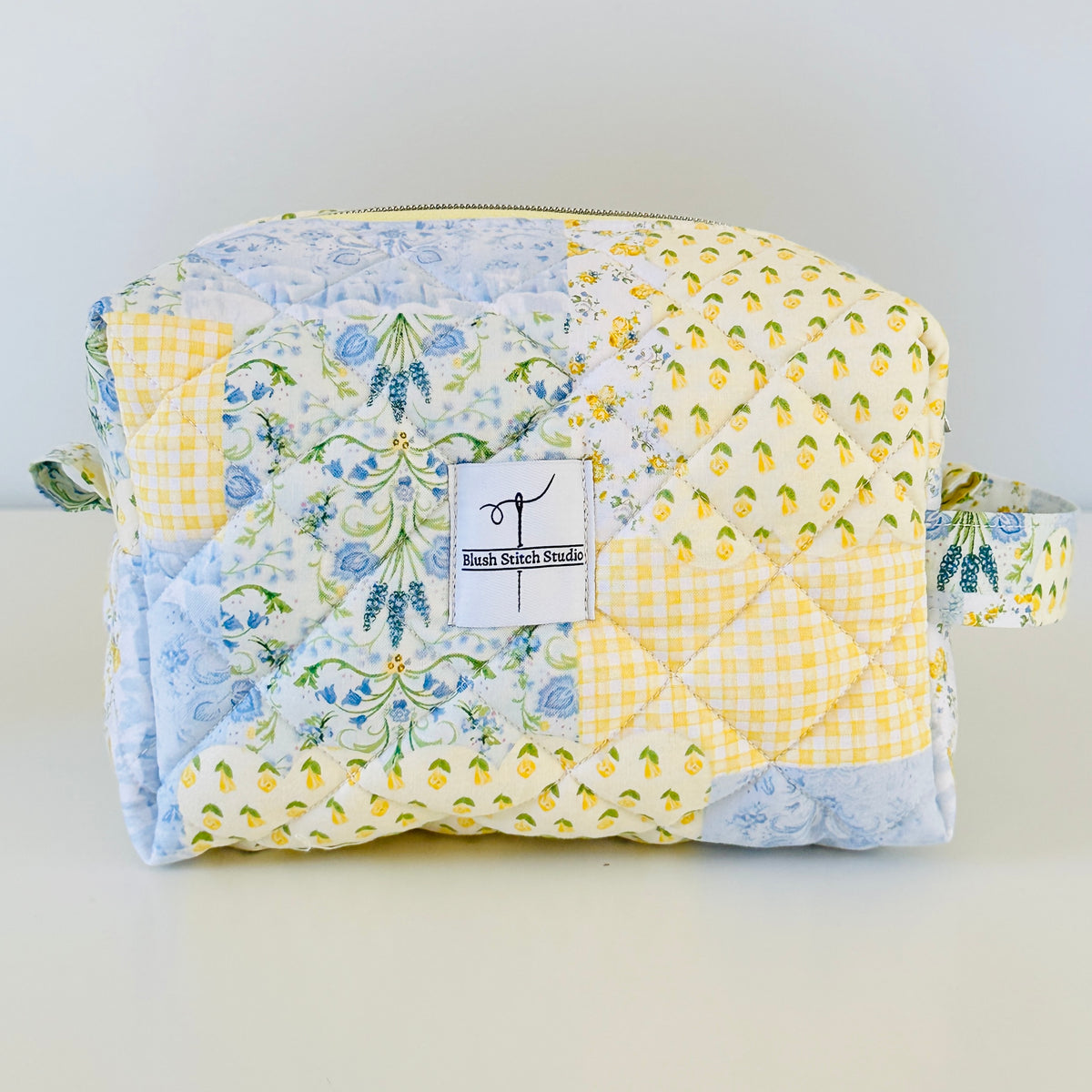 Yellow and Blue Patchwork Quilted Makeup Cosmetic Bag. Made in Canada