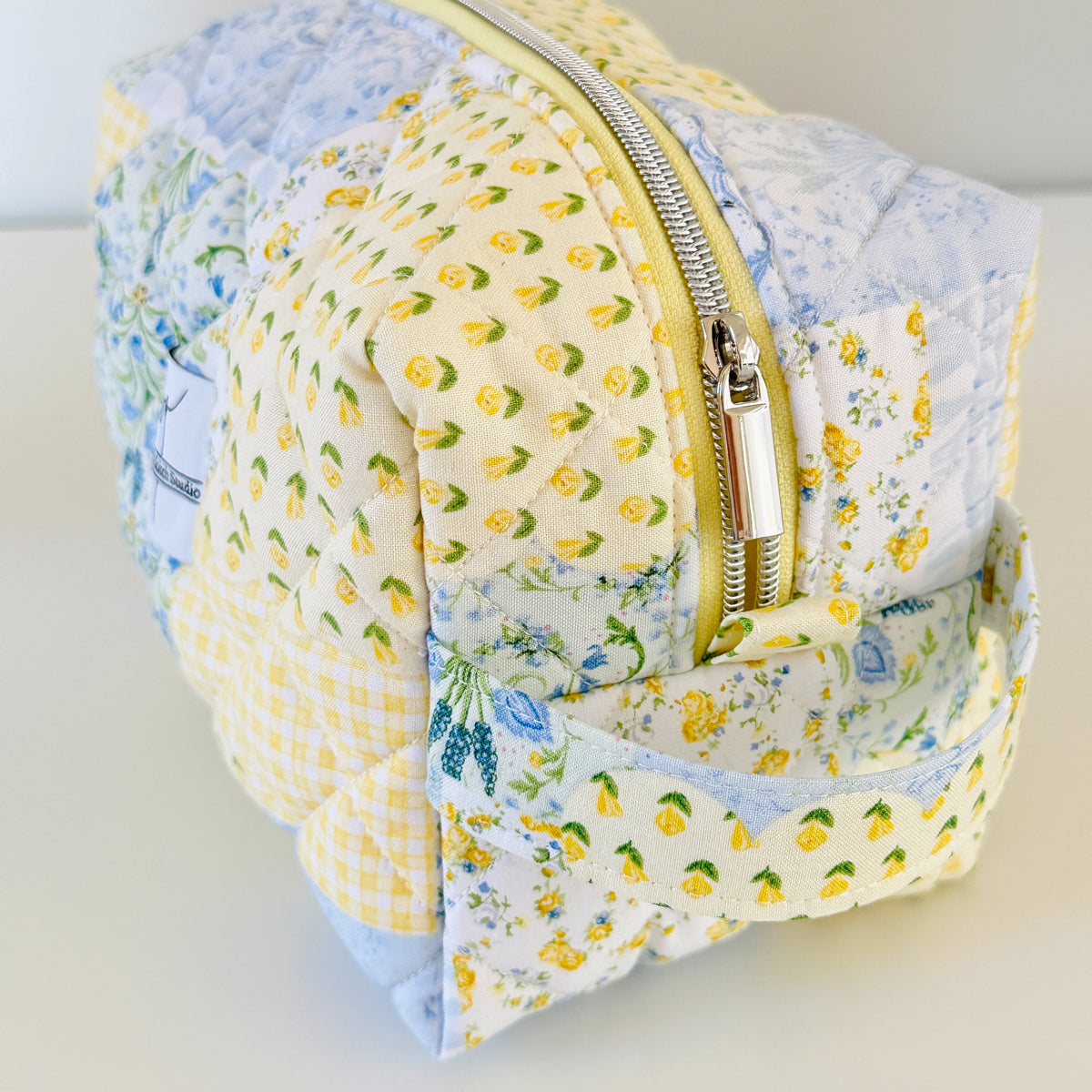 Yellow and Blue Patchwork Quilted Makeup Cosmetic Bag. Made in Canada