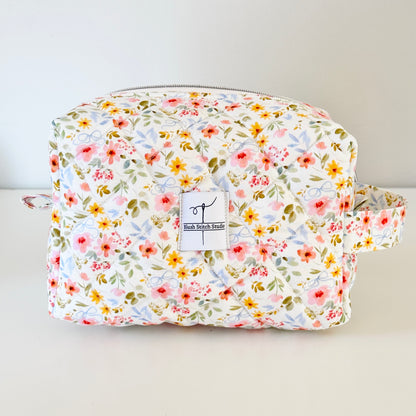 white floral quilted makeup cosmetic bag. made in canada