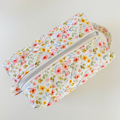 white floral quilted makeup cosmetic bag. made in canada
