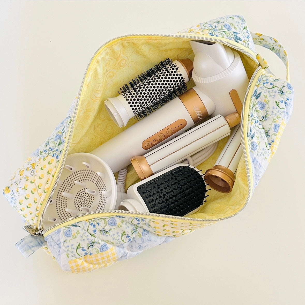 yellow patchwork quilted hair tool bag. made in canada