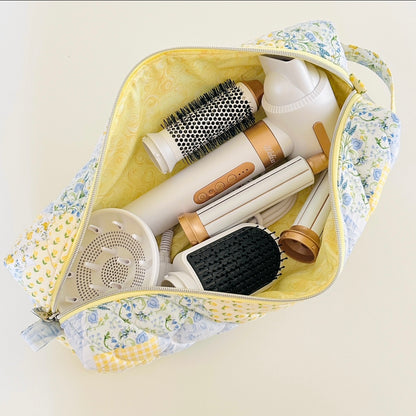 yellow patchwork quilted hair tool bag. made in canada