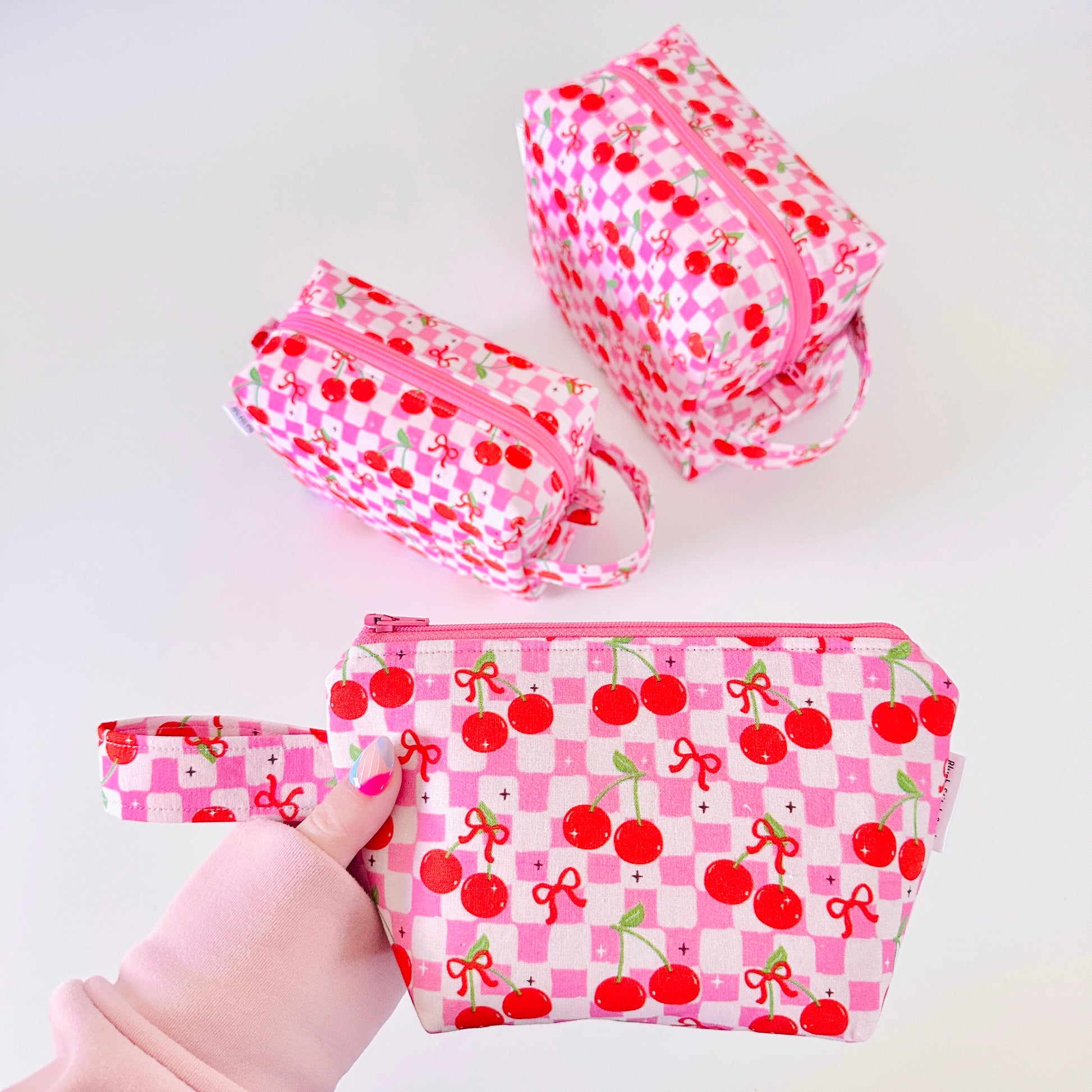 pink cherry checkerboard patterned cotton makeup cosmetic bag