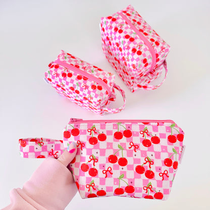 pink cherry checkerboard patterned cotton makeup cosmetic bag