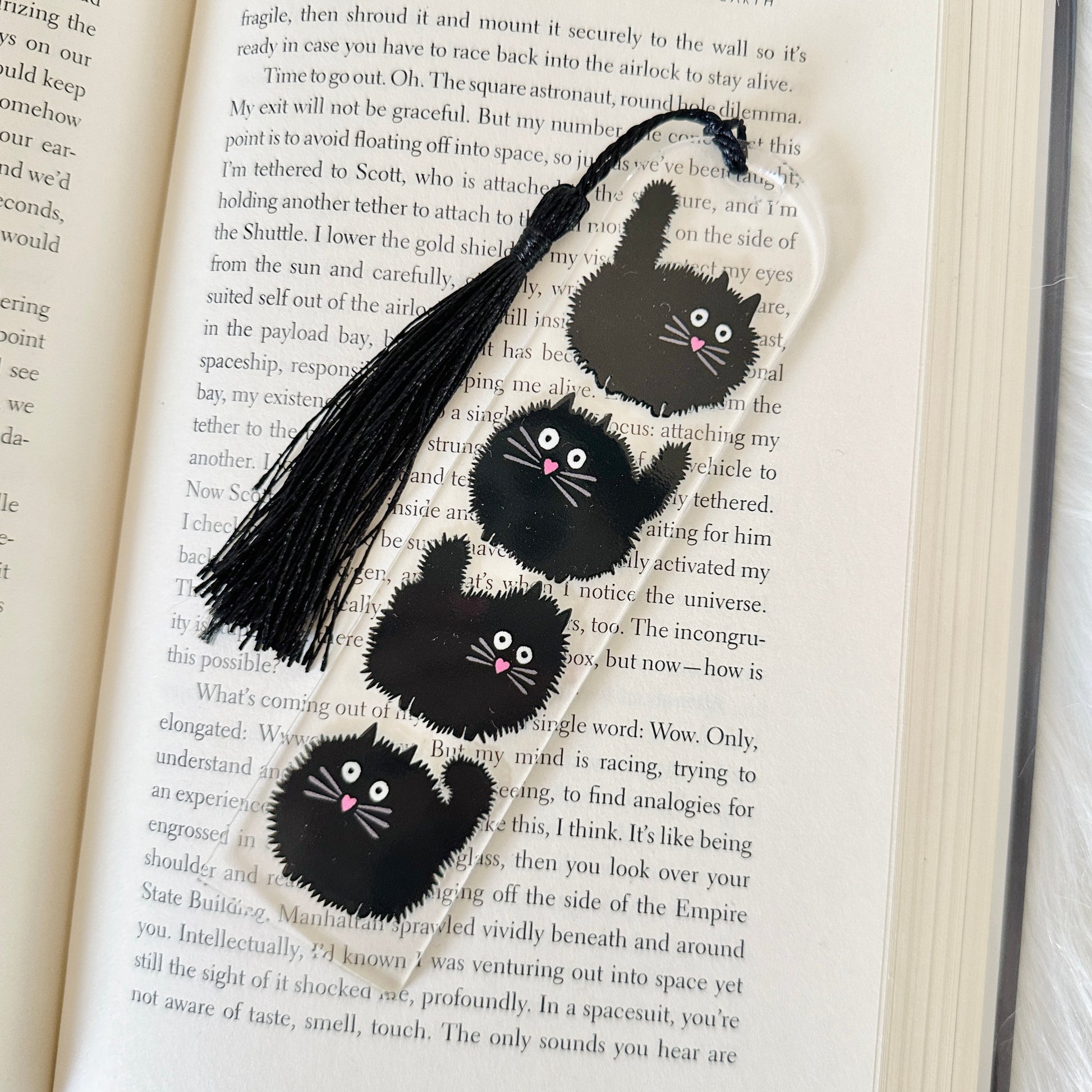 Black cat-shaped bookmarks with tassels on an open book