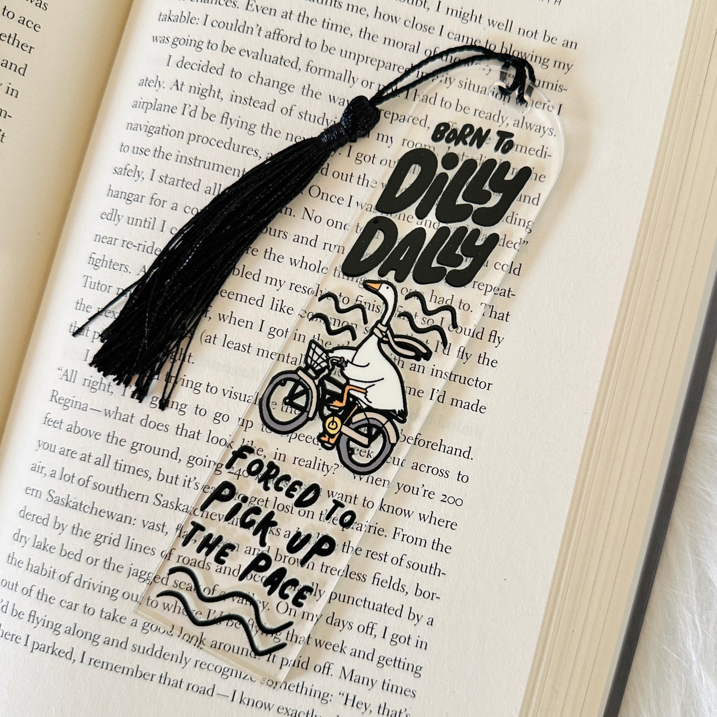 silly goose dilly dally Bookmark with tassel on an open book