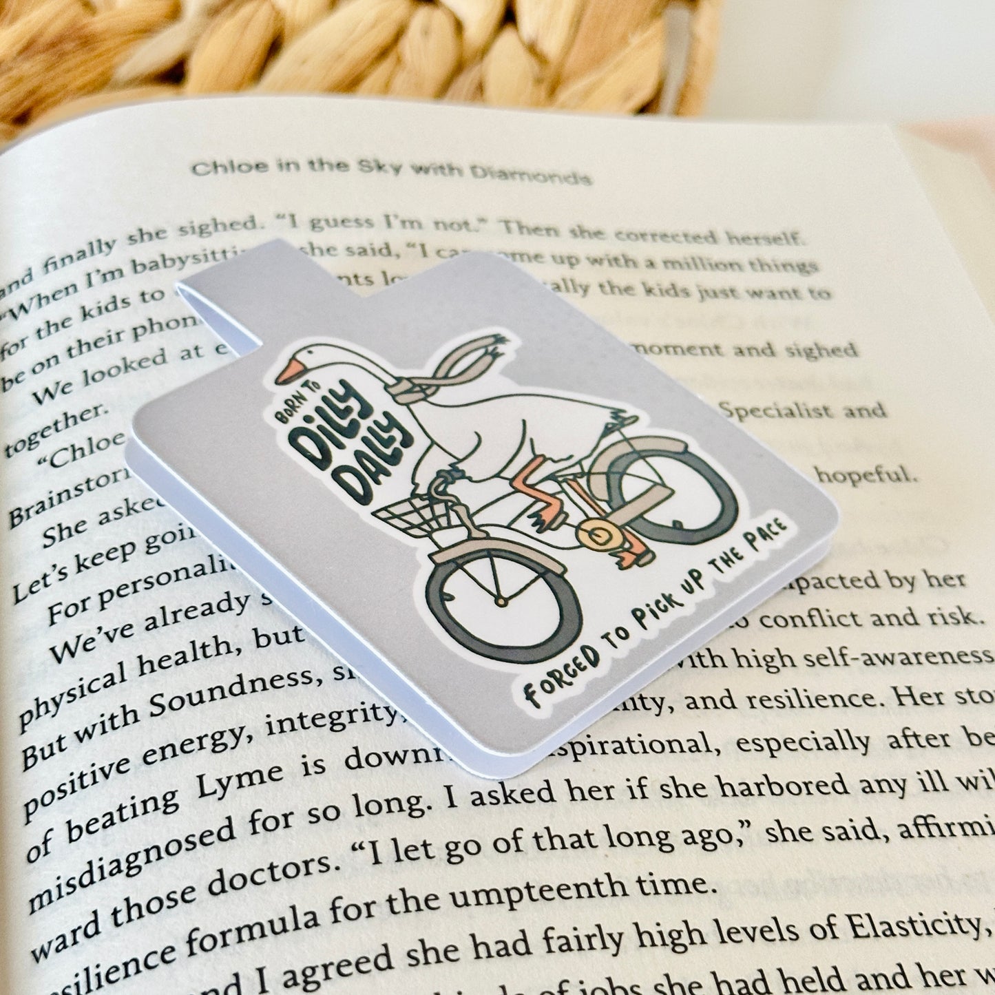 Magnetic bookmark with a cartoon goose on a bike placed on an open book