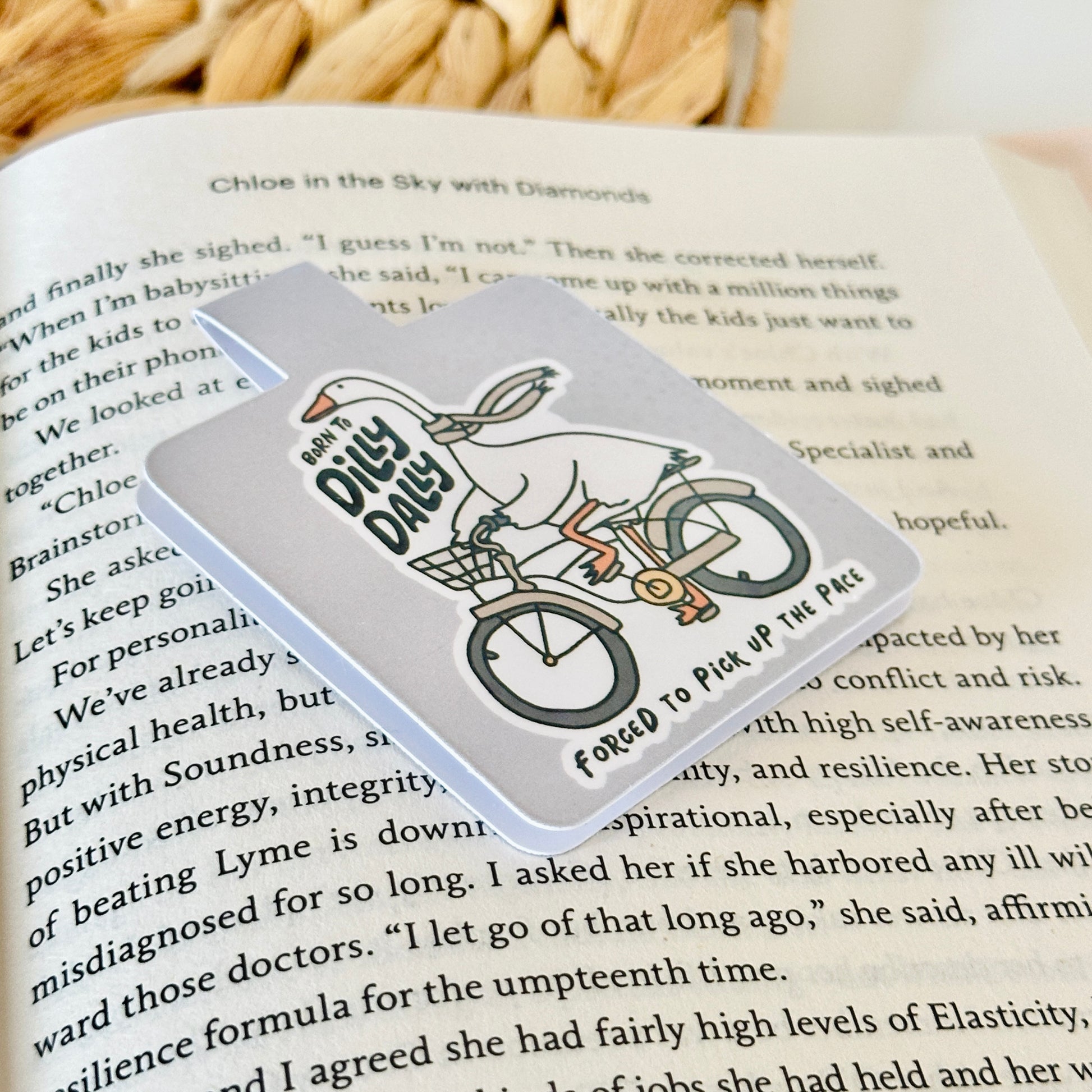 Magnetic bookmark with a cartoon goose on a bike placed on an open book