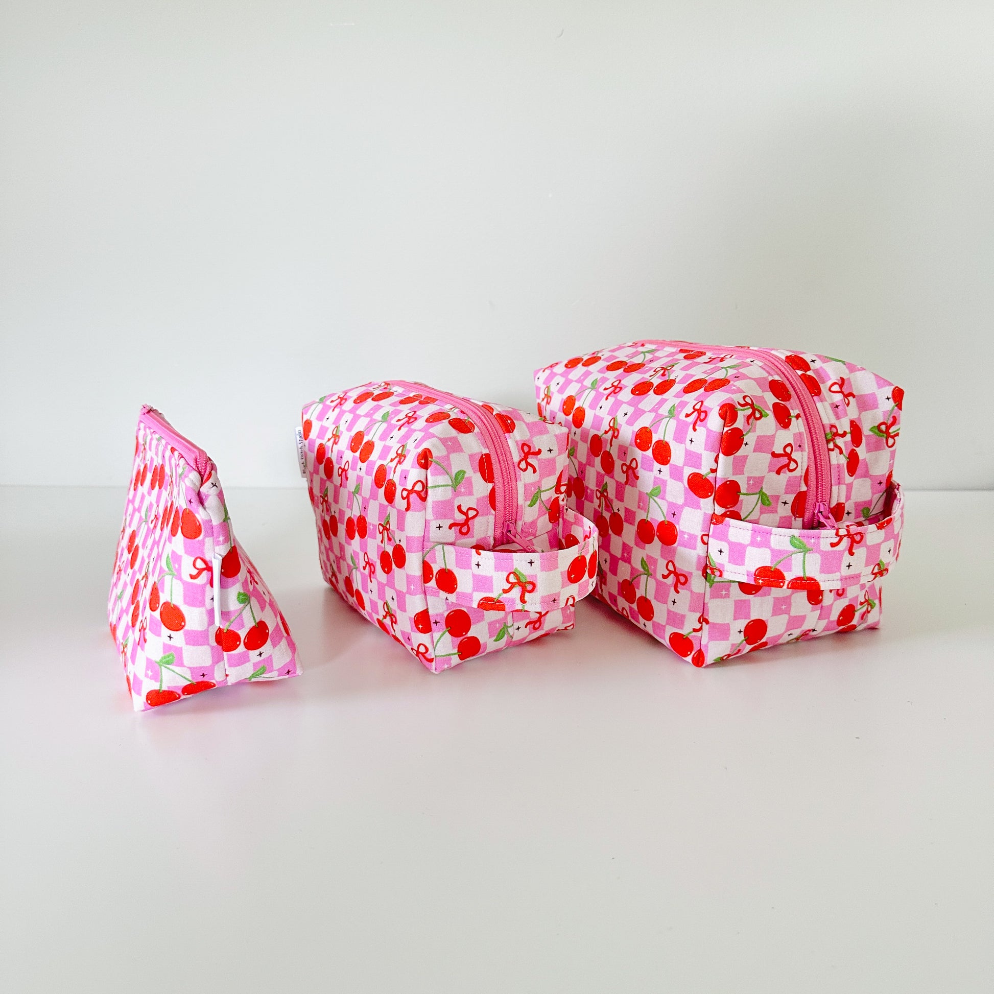 pink cherry checkerboard patterned cotton makeup cosmetic bag