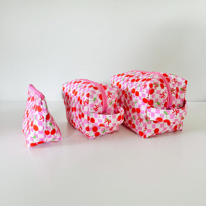 pink cherry checkerboard patterned cotton makeup cosmetic bag