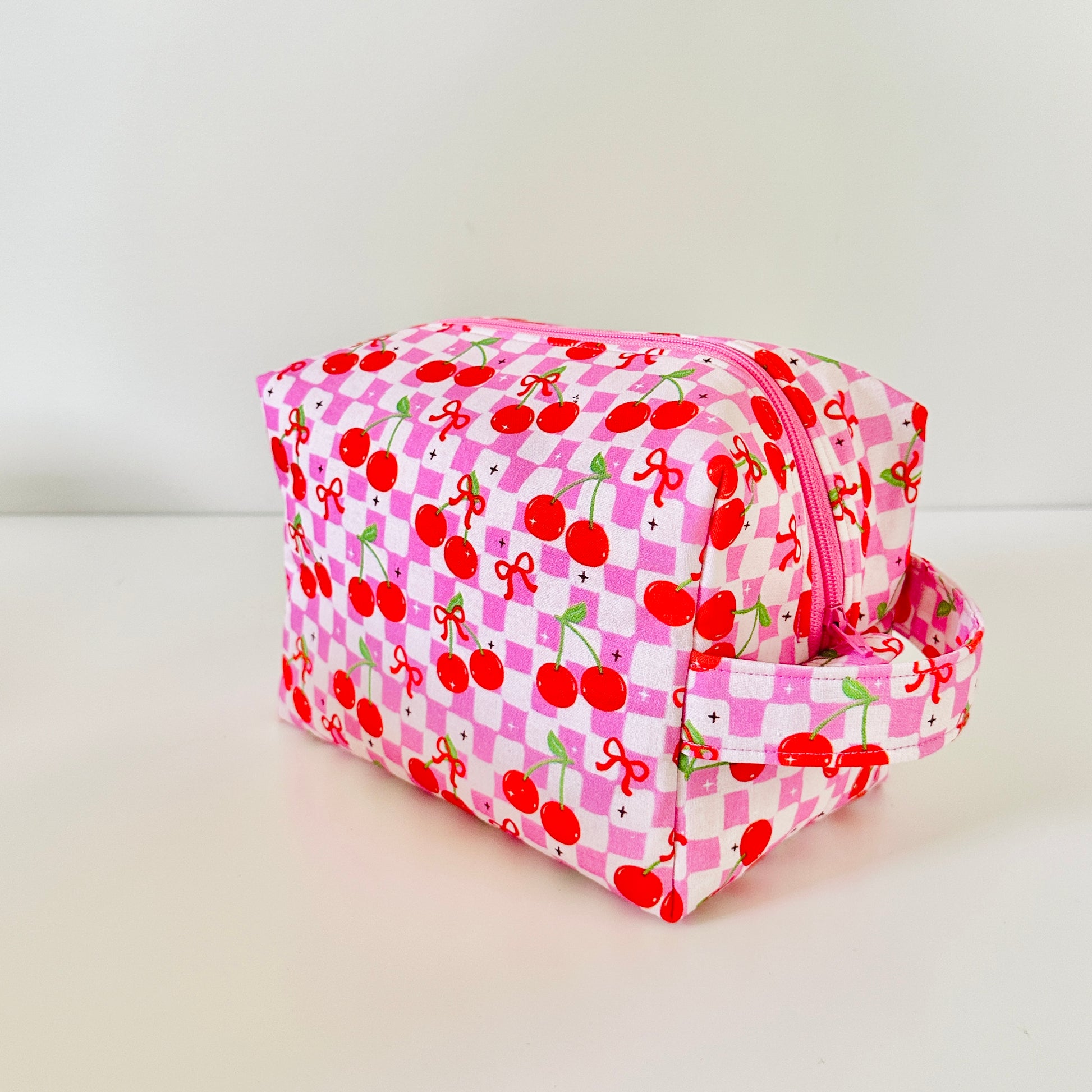 pink cherry checkerboard patterned cotton makeup cosmetic bag
