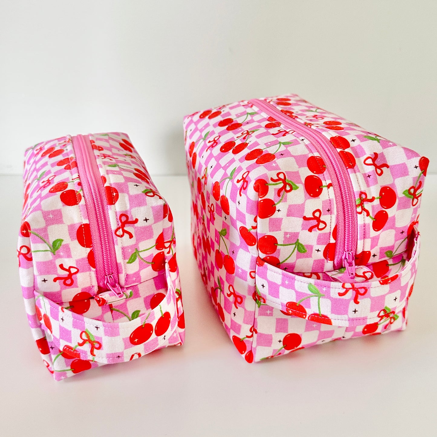 pink cherry checkerboard patterned cotton makeup cosmetic bag