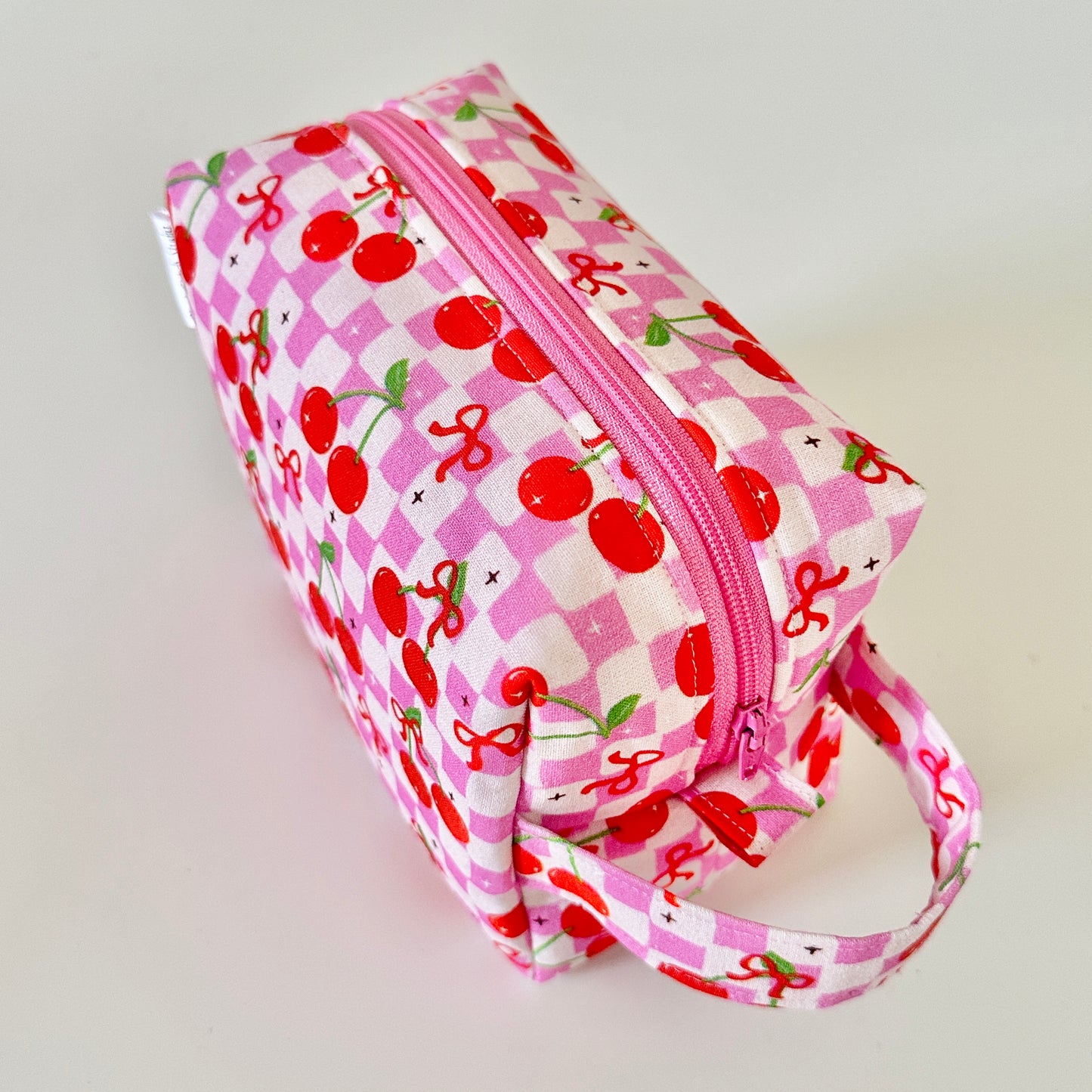 pink cherry checkerboard patterned cotton makeup cosmetic bag