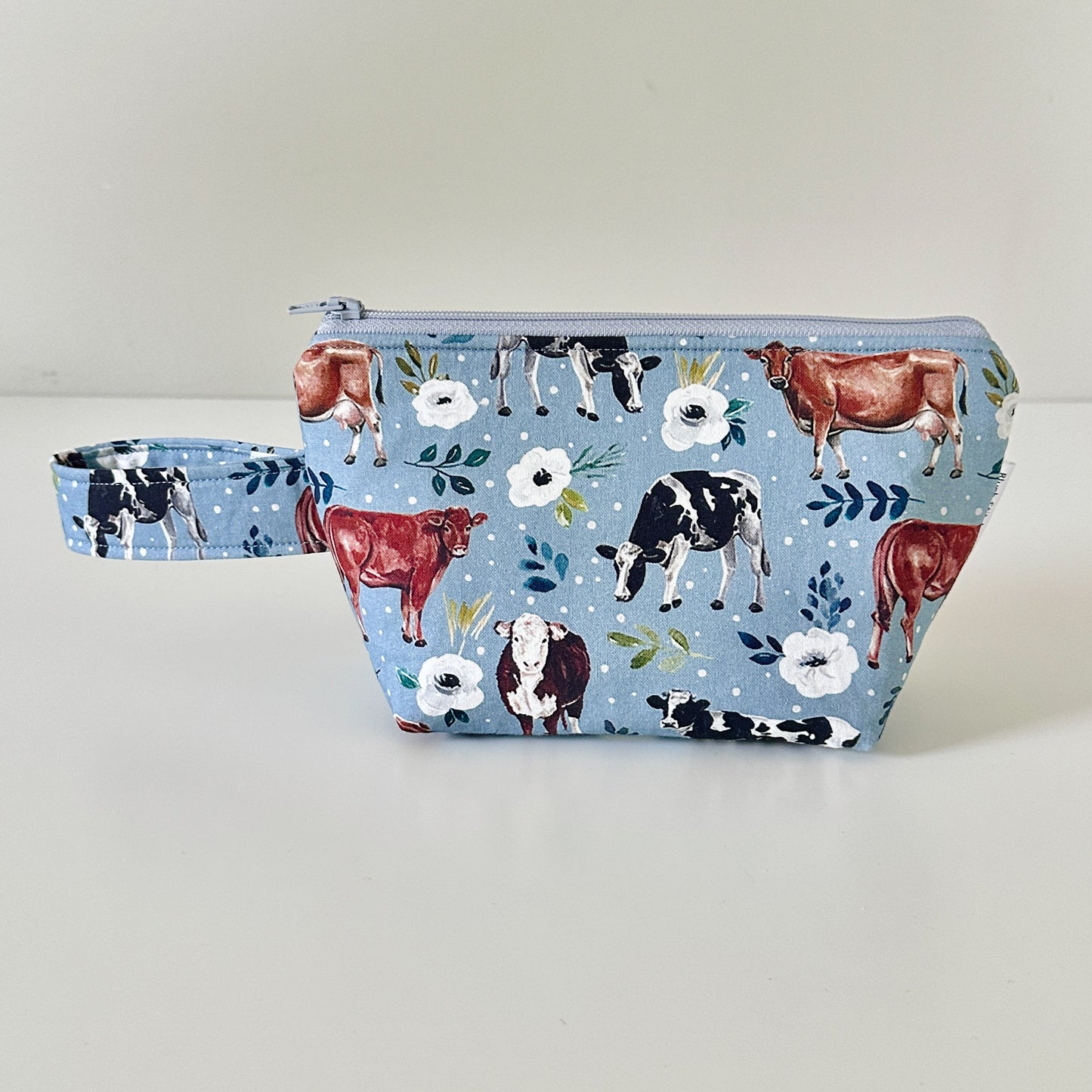 blue cow floral patterned cotton makeup cosmetic bags 