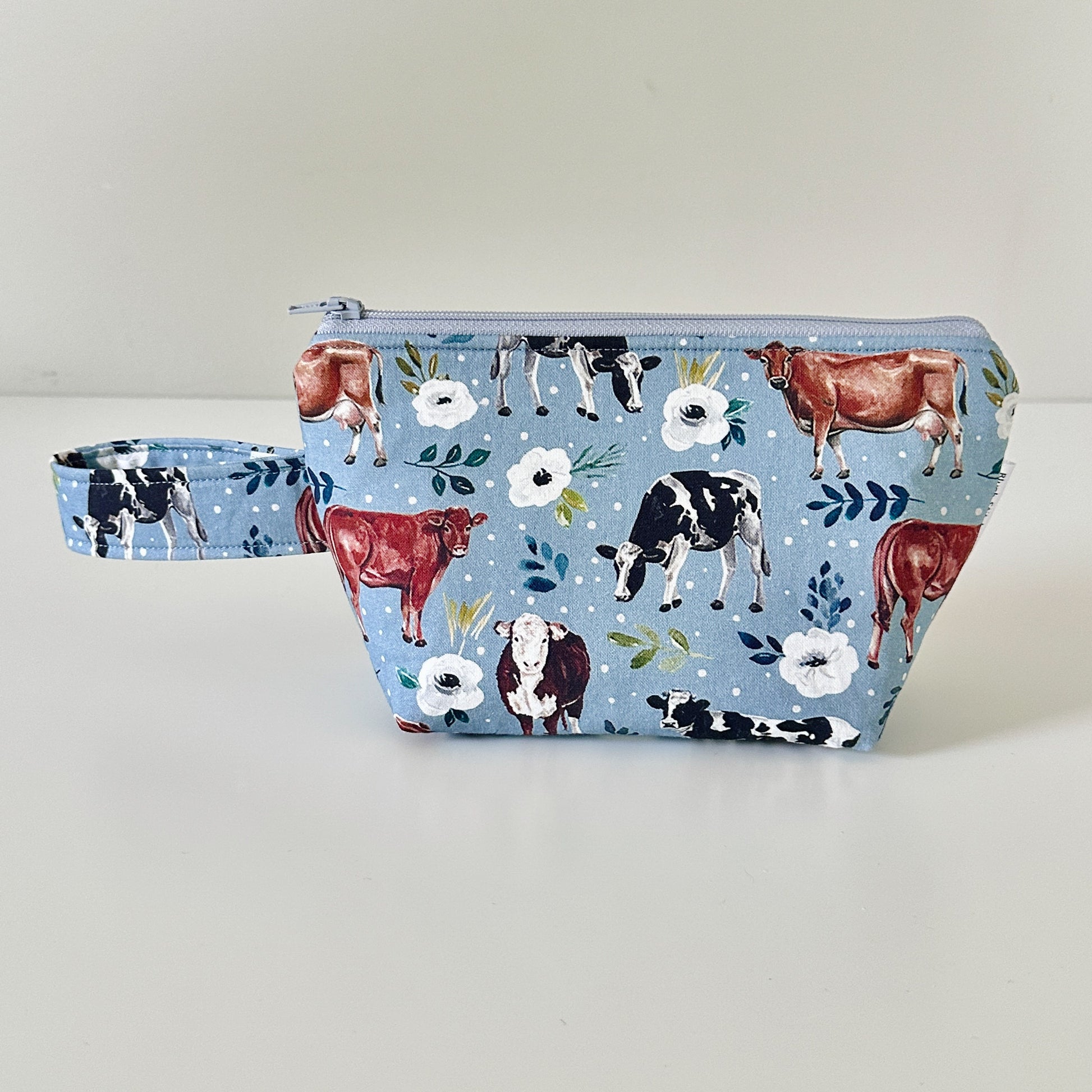 blue cow floral patterned cotton makeup cosmetic bags 