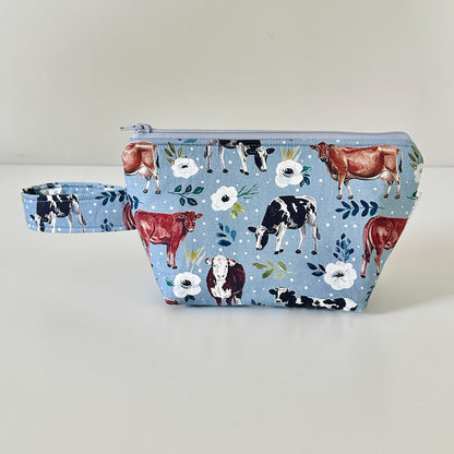 blue cow floral patterned cotton makeup cosmetic bags 