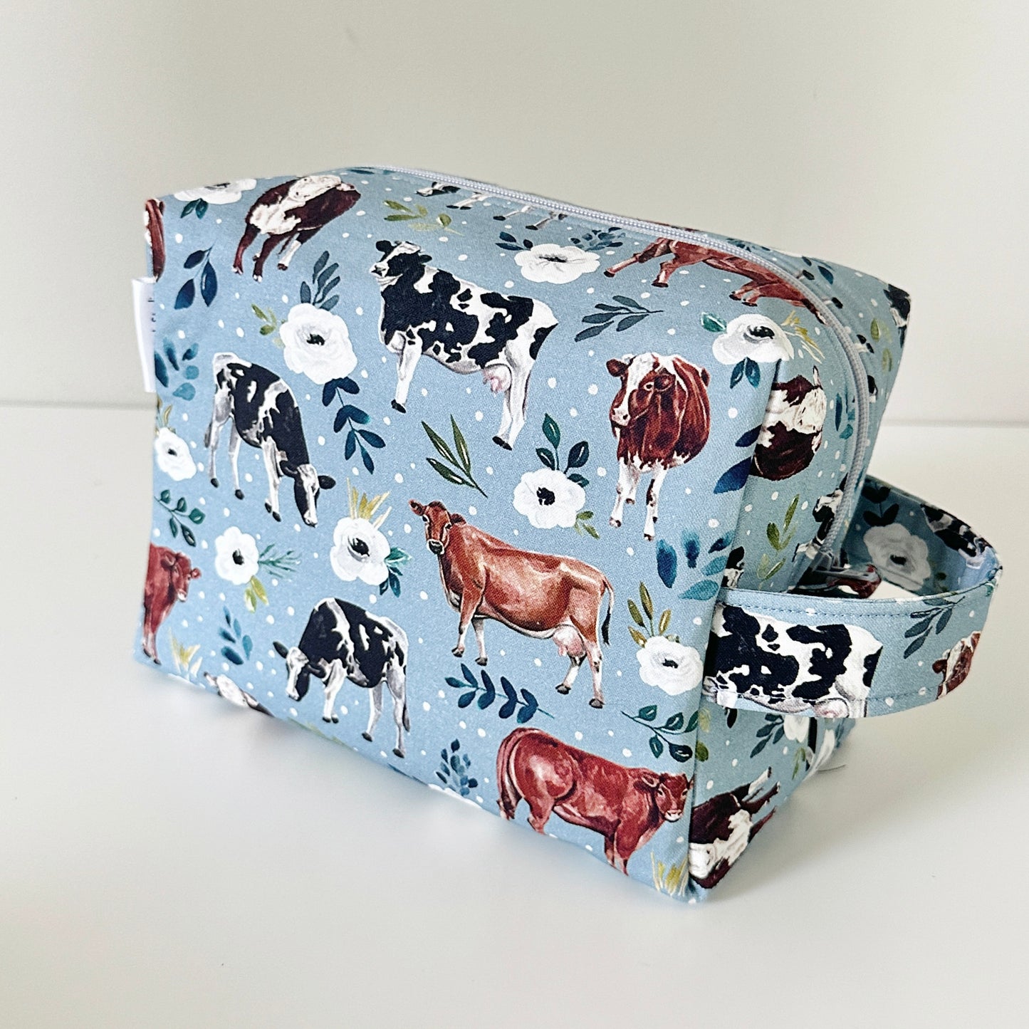 blue cow floral patterned cotton makeup cosmetic bags 