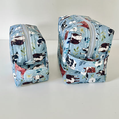 blue cow floral patterned cotton makeup cosmetic bags 