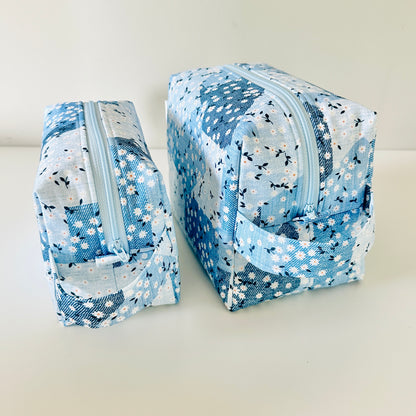 blue patchwork daisy floral cotton makeup cosmetic  bag