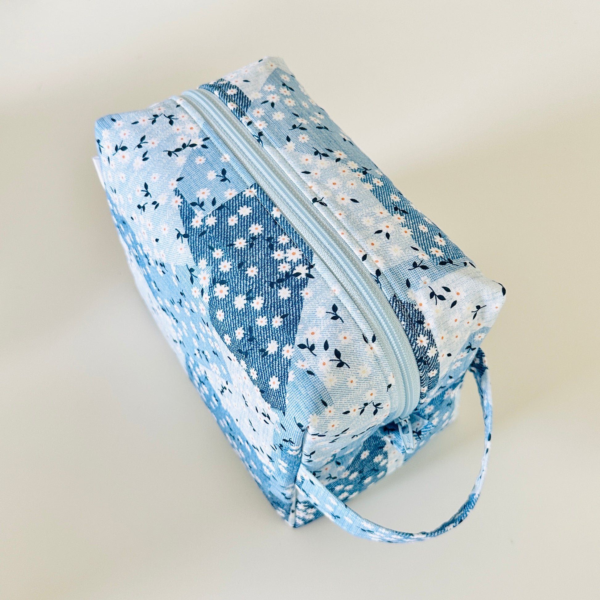 blue patchwork daisy floral cotton makeup bag