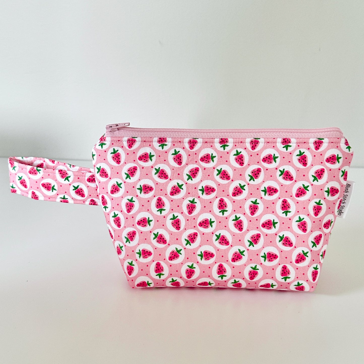 pink strawberry patterned cotton makeup cosmetic bags 