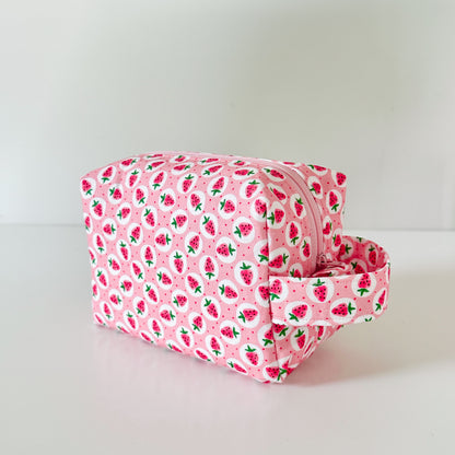 pink strawberry patterned cotton makeup cosmetic bags 