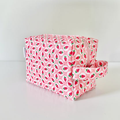 pink strawberry patterned cotton makeup cosmetic bags 