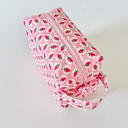 pink strawberry patterned cotton makeup cosmetic bags 