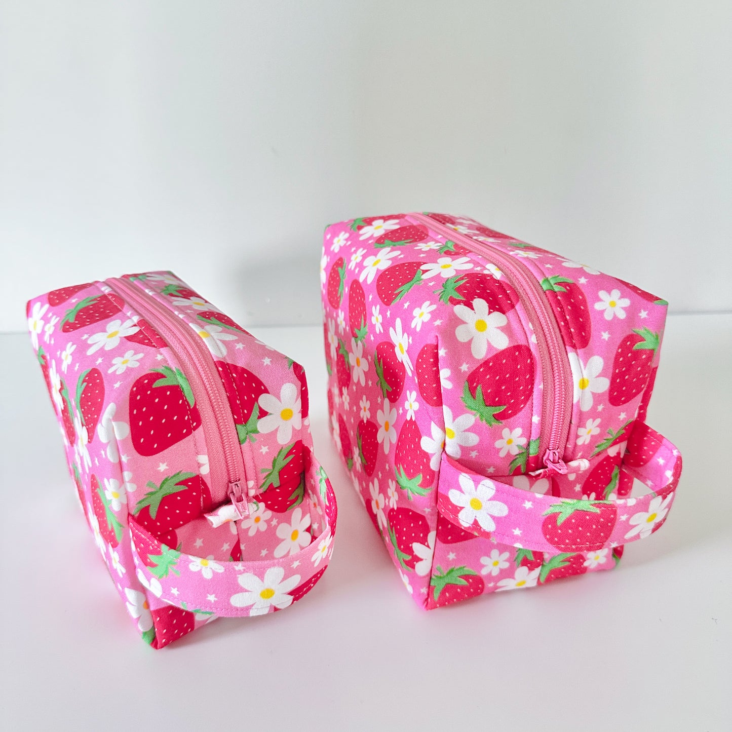 pink strawberry floral patterned cotton makeup cosmetic bags 