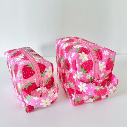 pink strawberry floral patterned cotton makeup cosmetic bags 