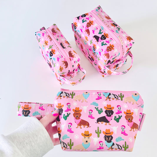 pink western dog  patterned cotton makeup cosmetic bags 