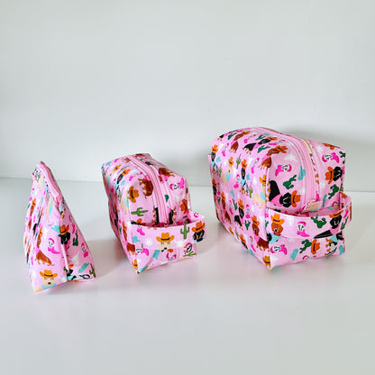 pink western  weiner dog  patterned cotton makeup cosmetic bags 