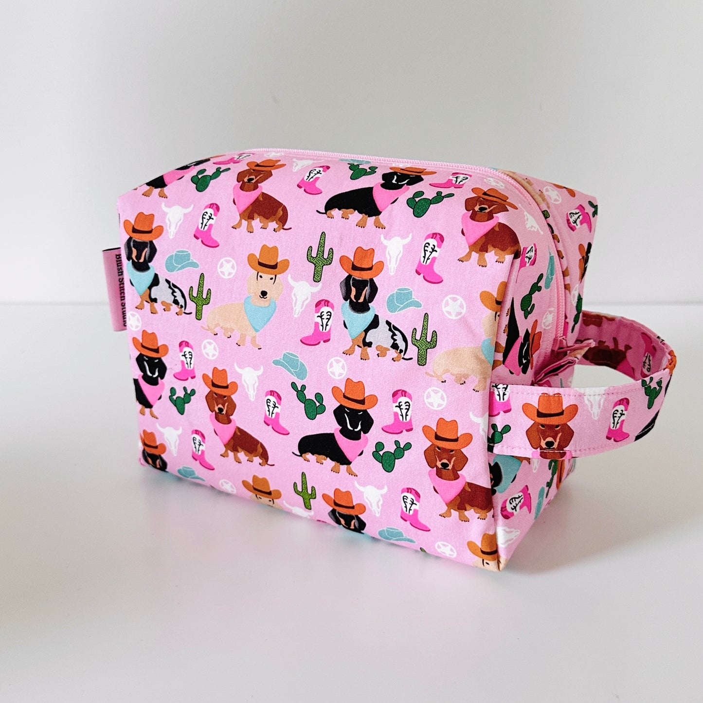 pink western dog  patterned cotton makeup cosmetic bags 