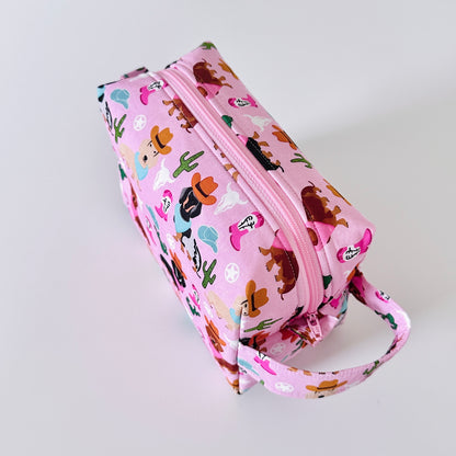pink western dachshund dog  patterned cotton makeup cosmetic bags 