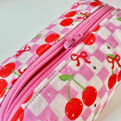 pink cherry checkerboard patterned cotton makeup cosmetic bag