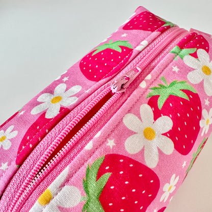 pink strawberry floral patterned cotton makeup cosmetic bags 